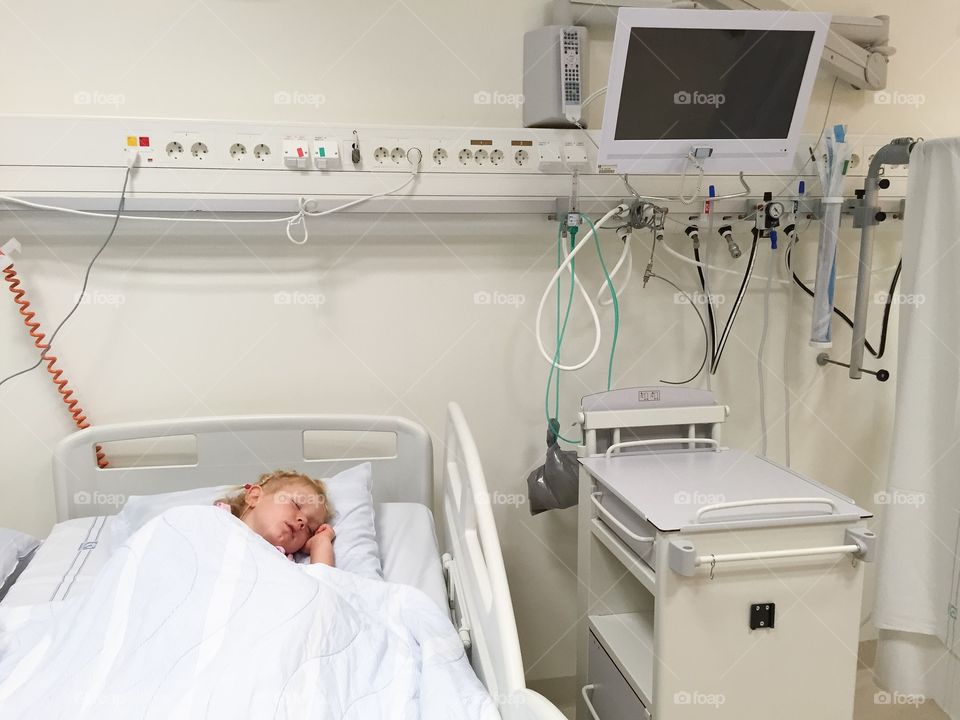 Little girl age of three sleeping in a hospital in Malmö Sweden. The girl was under observation but was fine the next day.